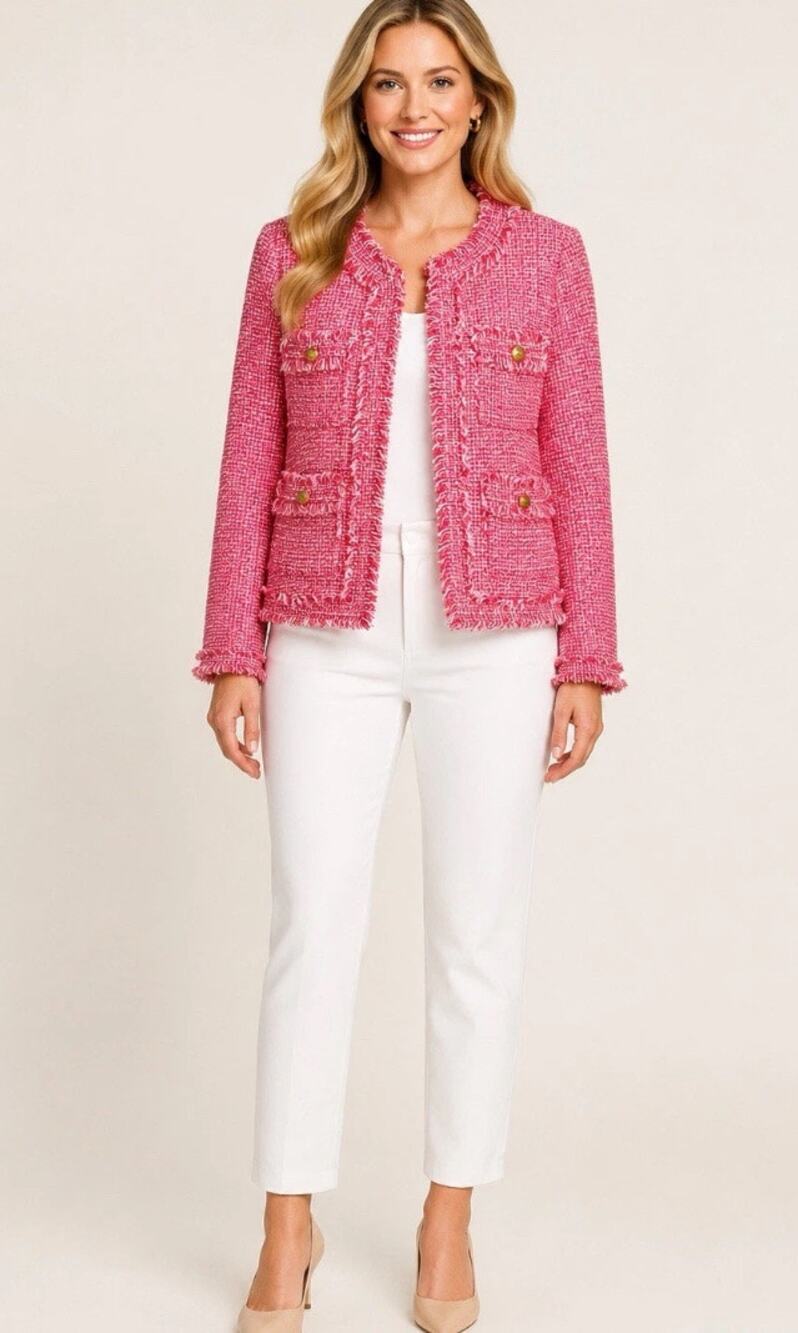Saks Fifth Avenue Womens Tweed Jacket XS Pink Fringe Trim Open Front Blazer